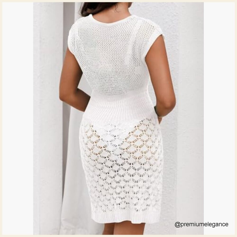 Crochet Mesh Swim Cover Up Fit Flare V-Neck Short Sleeve Beach Dress - Picture 3 of 6